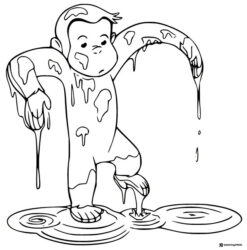 Messy Curious George in puddles coloring page