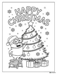 Minion Christmas Coloring Page Decorating Tree with Gifts