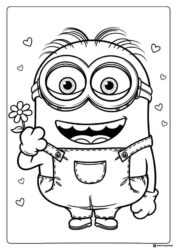 Minion Coloring Page Holding Flower with Hearts