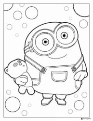 Minion Coloring Page Holding Teddy with Bubbles