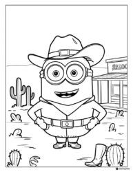 Minion Cowboy Coloring Page with Cactus and Saloon