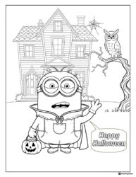 Minion Halloween Coloring Page with Haunted House