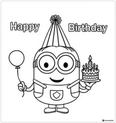 Minion Happy Birthday Coloring Page with Cake