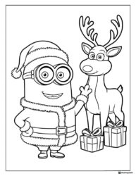 Minion Santa with reindeer and gifts coloring page