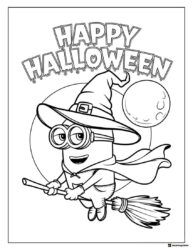 Minion Witch Coloring Page Flying on Broom
