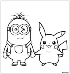 Minion and Pikachu Coloring Page Holding Hands