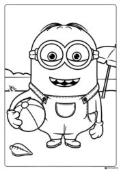 Minion at beach holding beach ball coloring page