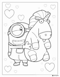 Minion hugging a unicorn with hearts coloring page