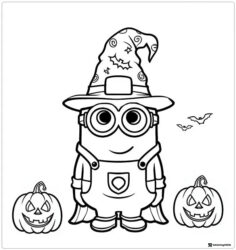 Minion in witch hat with pumpkins and bats coloring page