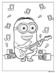 Minion playing electric guitar with musical notes coloring page