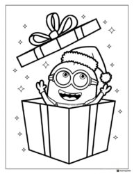 Minion with Santa hat popping from gift coloring page