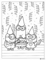 Minions Birthday Coloring Page with Cake and Guitar