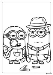 Minions as detectives coloring page with magnifying glass