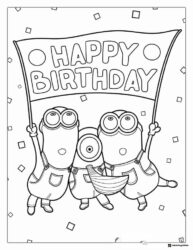 Minions holding Happy Birthday banner coloring page