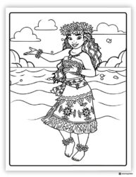 Moana Coloring Page Dancing on Beach with Flowers