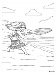 Moana Coloring Page Running with Paddle by Ocean