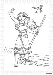 Moana Coloring Page Waving with Paddle and Bird