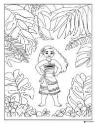 Moana Coloring Page amidst Tropical Leaves and Flowers