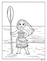 Moana Coloring Page holding a paddle on the beach