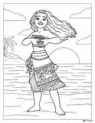Moana Coloring Page on Beach with Sunset