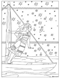 Moana Coloring Page on Boat with Stars