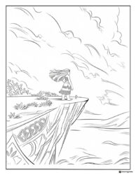 Moana Coloring Page on Cliff Edge with Ocean View