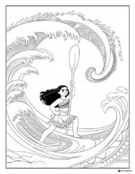 Moana Coloring Page surfing a large wave with her paddle