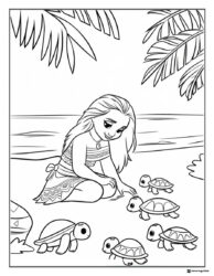 Moana Coloring Page with Baby Turtles on Beach