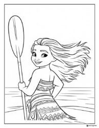 Moana Coloring Page with Paddle Hair Blowing in Wind