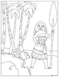 Moana Coloring Page with Paddle and Palm Trees