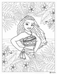 Moana Coloring Page with Wavy Hair and Floral Surroundings