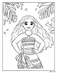 Moana Coloring Page with palm leaves in the background