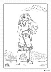 Moana Coloring Sheet standing on a beach with waves