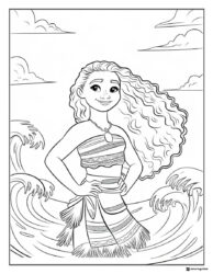 Moana Coloring Sheet with hands on hips and waves