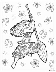 Moana Coloring Sheet with paddle surrounded by flowers