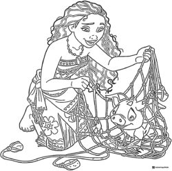 Moana Freeing Pua from Net Coloring Page