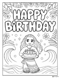 Moana Happy Birthday Coloring Page with Cake