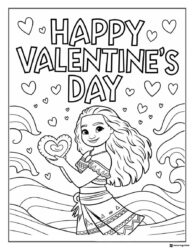 Moana Happy Valentines Day Coloring Page with hearts