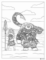 Moana and Maui Coloring Page with Paddle and Hook