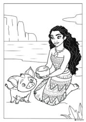 Moana and Pua with Water Bowl Coloring Page