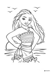 Moana at Sunset with Birds Coloring Page