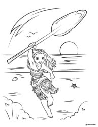 Moana with Paddle Coloring Page on the Ocean