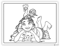 Moana with Pua and Heihei Coloring Page lying down