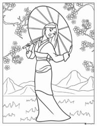 Mulan with Umbrella and Cherry Blossoms Coloring Page