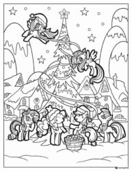 My Little Pony Christmas scene with tree and ponies coloring page