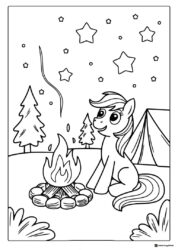 My Little Pony camping with campfire and tent coloring page