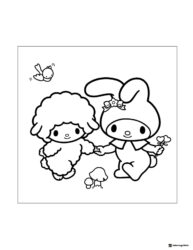 My Melody and Lamb coloring page with bird