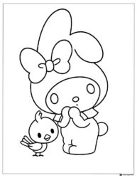 My Melody coloring page looking at a baby bird