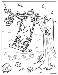 My Melody coloring page on a swing