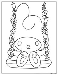 My Melody coloring page on a swing with flowers